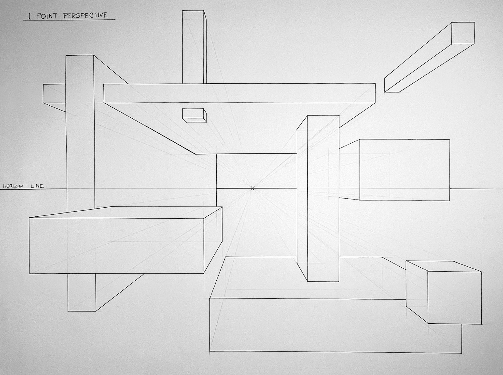 Line drawing diagram illustrating one-point perspective technique with multiple rectangular prisms extending toward a central vanishing point on horizon line. The composition highlights spatial depth using converging lines and varying prism sizes to demonstrate perspective principles in an arranged composition in pencil.