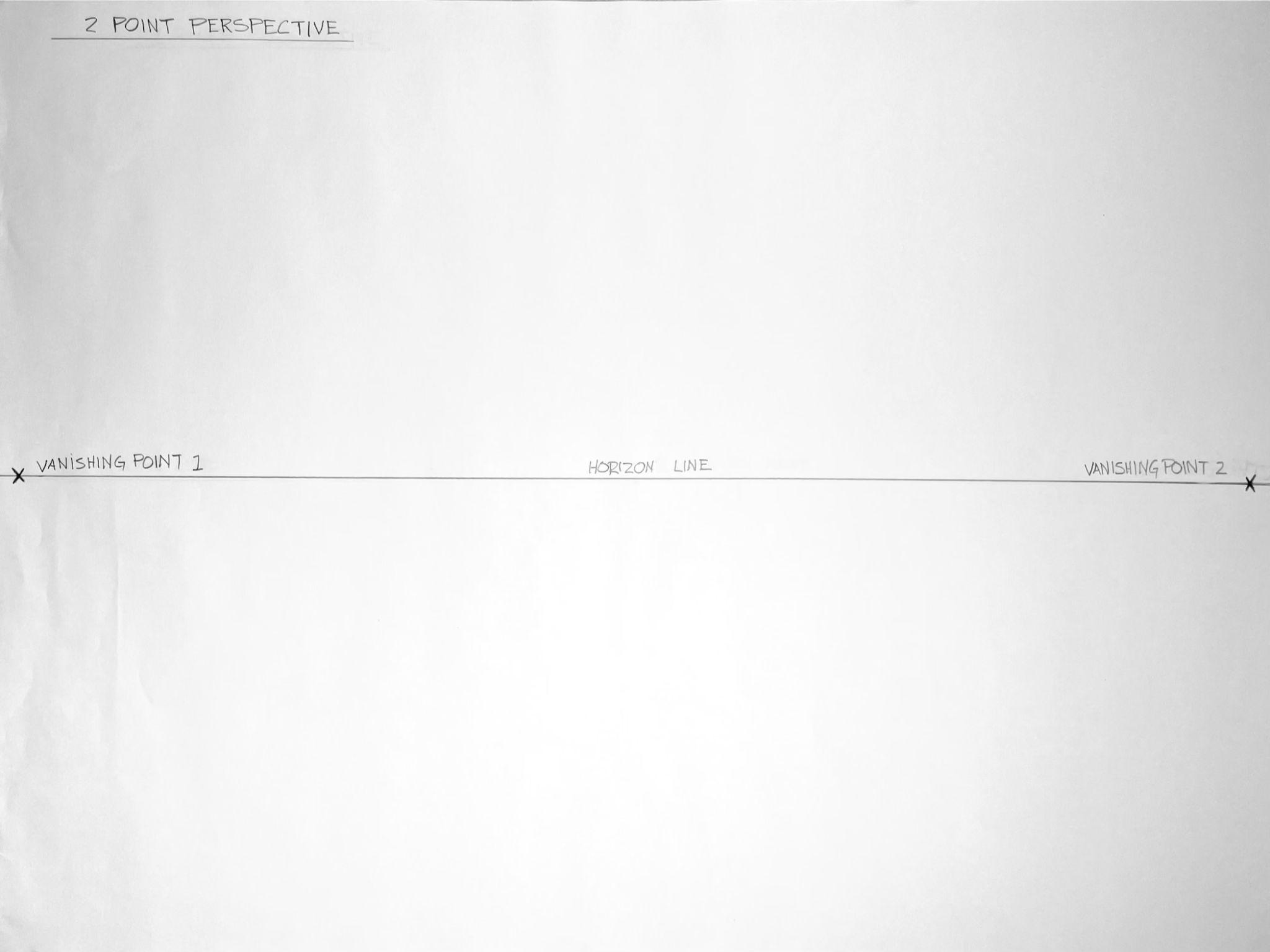 Hand-drawn diagram illustrating two-point perspective with a horizontal line labeled "Horizon Line" and two vanishing points marked "Vanishing Point 1" and "Vanishing Point 2" on either end. The diagram serves as a basic guide for understanding perspective drawing techniques by showing key structural components and spatial relationships.