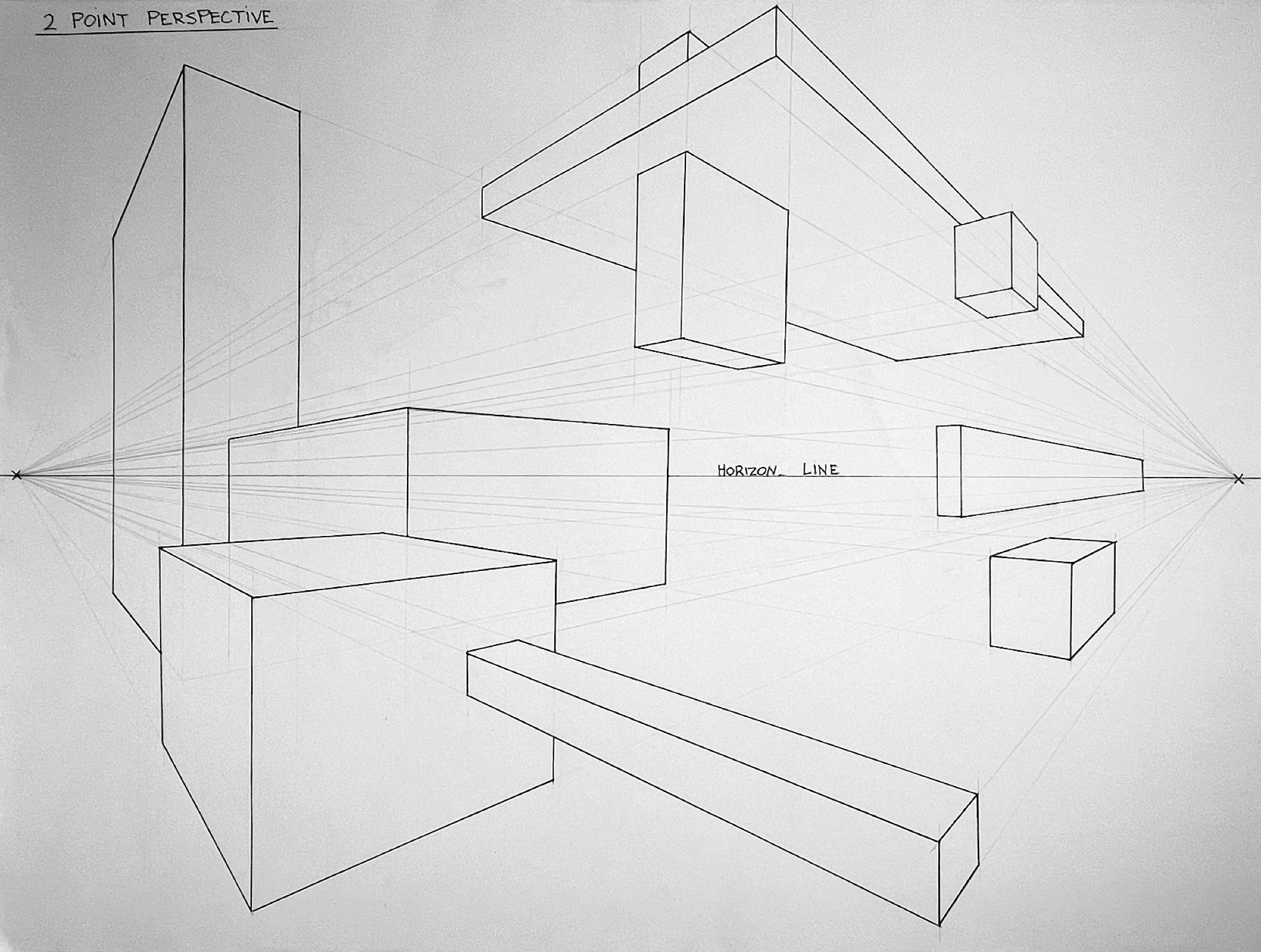 A line drawing diagram illustrating two-point perspective with multiple rectangular prisms converging towards two vanishing points on opposite sides of a horizontal line. The drawing highlights spatial depth and dimension in a composed rwo-point perspective drawing using straight lines and labeled elements.