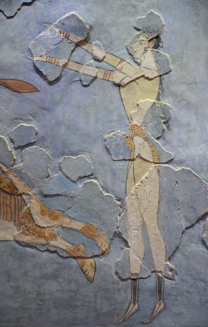 Bull-leaping fresco (detail) depicting a standing figure with arms raised behind the back legs and tail of the bull. The artwork features muted colors with visible cracks and wear.
