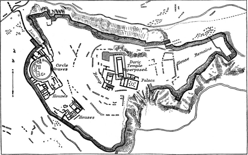 Black and white historical map showing layout of the ancient fortified site of the Citadel of Mycenae with labeled areas including Circle Graves, Houses, Palace, Doric Temple, and House Remains. Map features thick boundary walls, pathways, and terrain shading to indicate elevation and structural divisions within the site.
