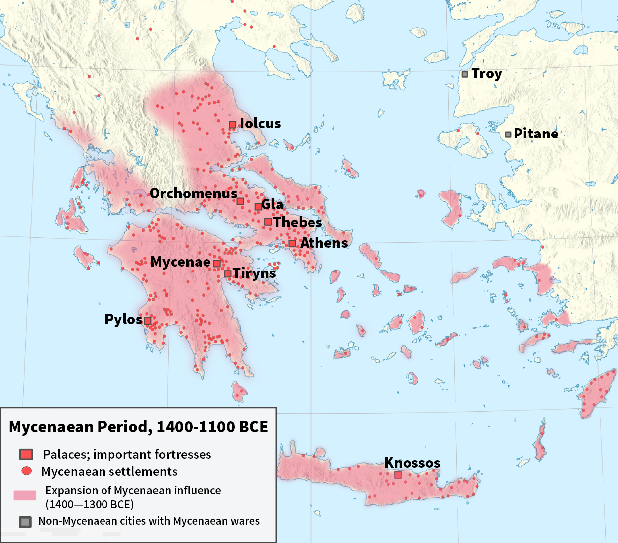 Map showing Mycenaean civilization during 1400-1100 BCE, highlighting palaces, important fortresses, and settlements in red and pink shades. Key locations like Mycenae, Tiryns, Pylos, Athens, and Knossos are labeled, with a legend indicating areas of Mycenaean influence and non-Mycenaean cities with Mycenaean wares.