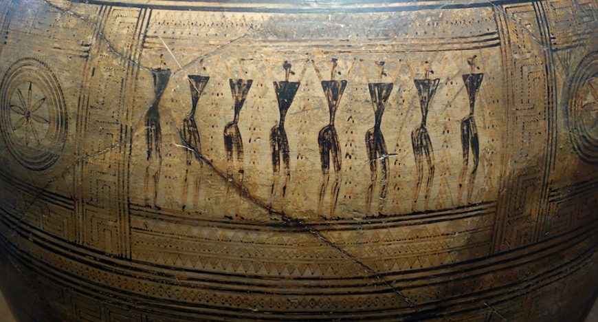 Frieze with mourning figures (detail), Dipylon Amphora featuring a horizontal band of stylized human figures with triangular torsos and elongated limbs, arranged in a repetitive pattern. The design includes geometric shapes, dotted lines, and circular motifs in dark pigment on a light brown clay surface.