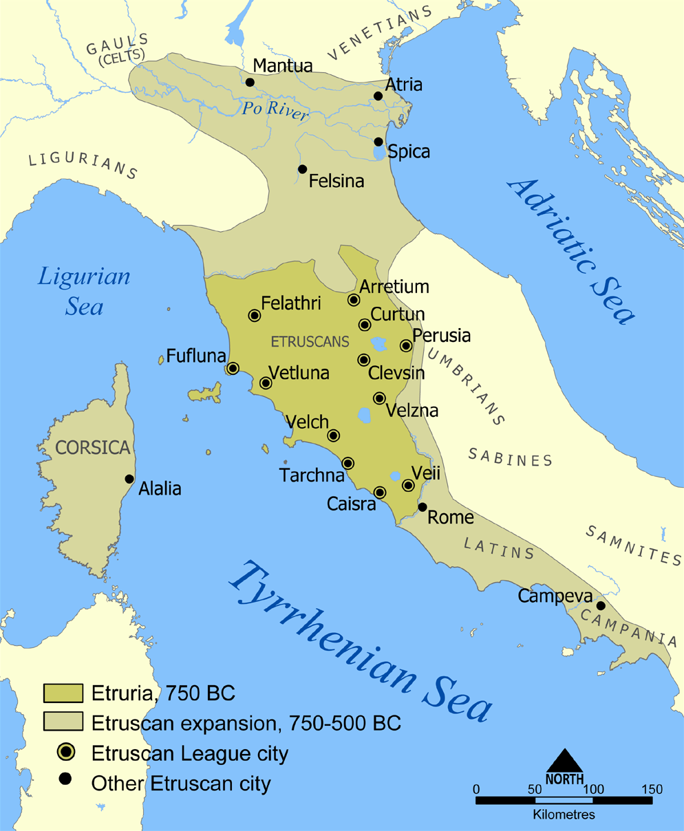Map showing Etruria region and Etruscan expansion in Italy from 750 to 500 BC, highlighting Etruscan League cities with black circles and other Etruscan cities with smaller black dots. Key geographic features include Ligurian Sea, Tyrrhenian Sea, Adriatic Sea, and surrounding tribes such as Gauls, Veneti, Umbrians, Sabines, and Latins.