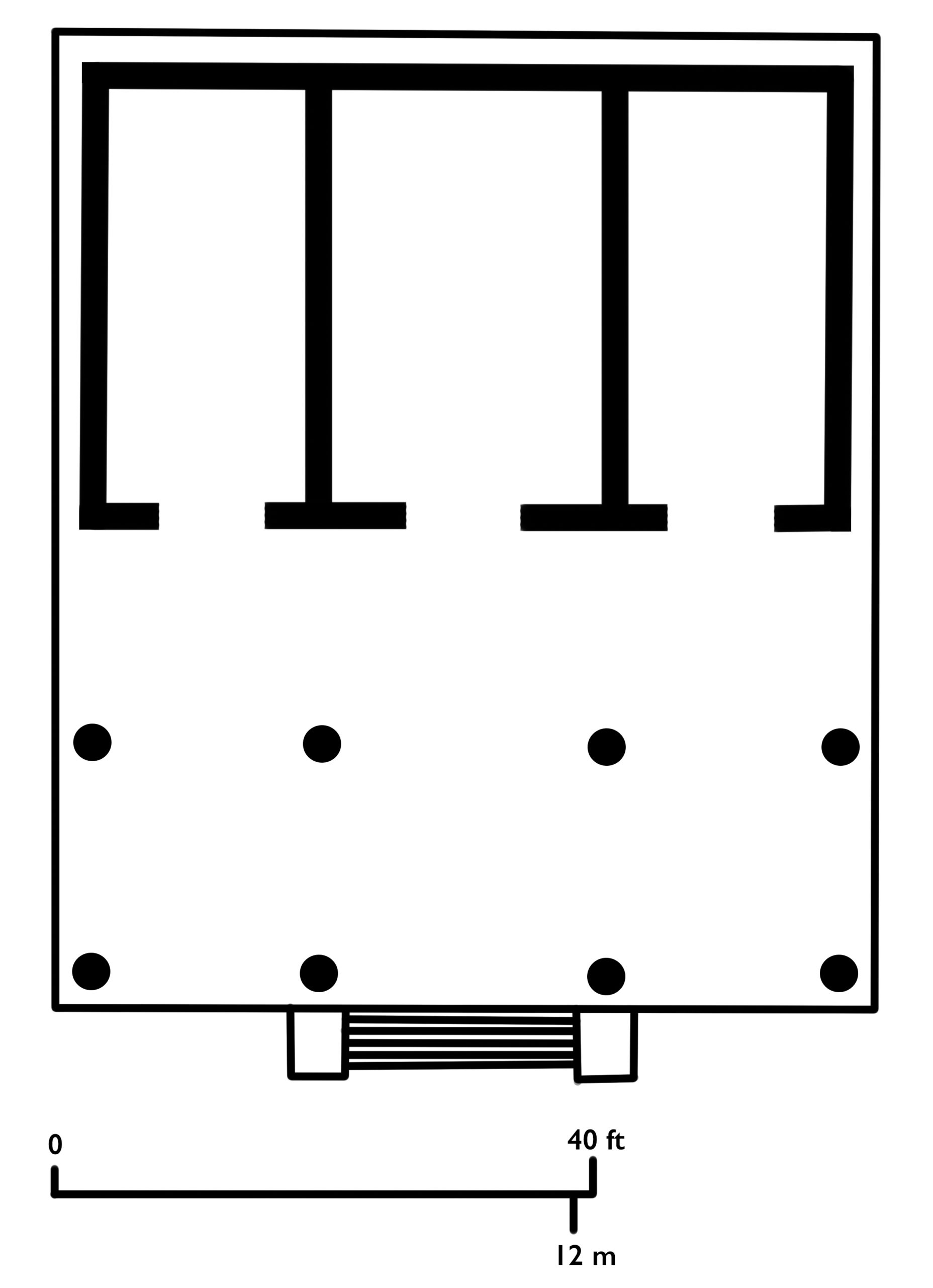 Floor plan diagram of an Etruscan temple with three interior rooms along the top and an entrance with stairs at the bottom center. Black dots indicate structural columns, and a scale bar at the bottom left shows measurements in feet and meters.
