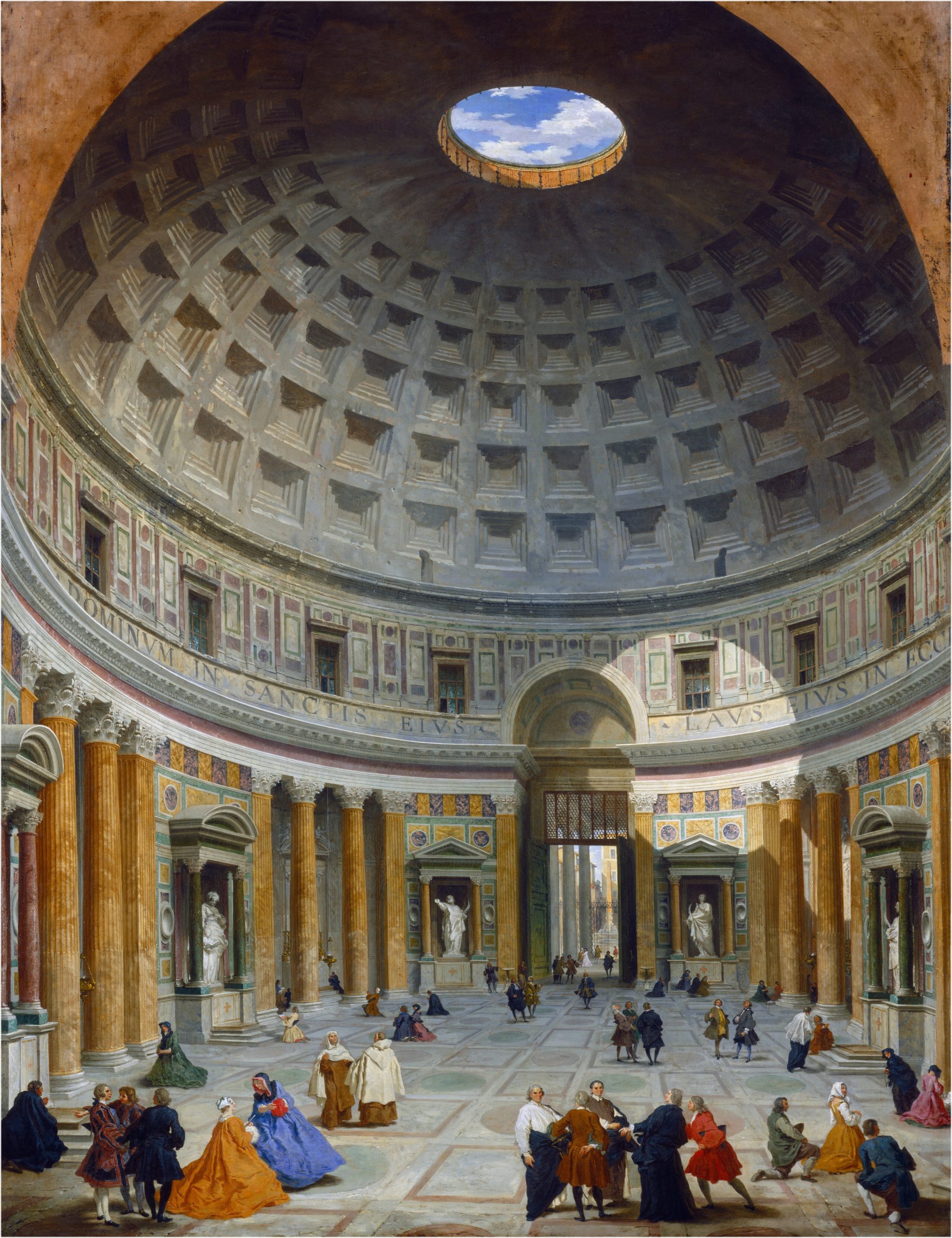 Painting depicting interior of Pantheon in Rome, showcasing large coffered dome with central oculus allowing natural light. Scene includes detailed classical architecture with tall columns, statues in niches, and people dressed in historical attire, highlighting grandeur and social activity within space.