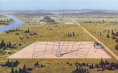 A digital illustration depicts an ancient city layout with a large central obelisk surrounded by a grid of streets and a circular stepped pyramid in the background near a river. The scene highlights urban planning elements, including a rectangular plaza, pathways, and scattered vegetation across a flat landscape.