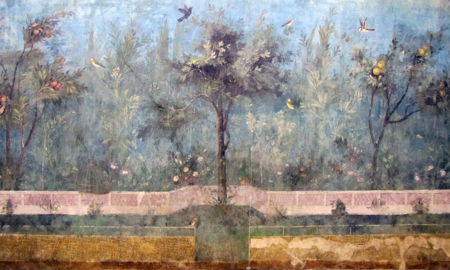 A fresco painting depicting a lush garden scene with various trees, birds, and flowers against a muted blue background. The artwork features a central tree flanked by other fruit-bearing trees and a low wall separating the garden from a grassy foreground, showcasing detailed natural elements and a serene atmosphere.