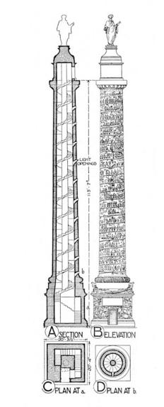 Architectural drawing showing a section, elevation, and two plan views of a tall column structure topped with a statue. Details include an internal spiral staircase, labeled light opening, and intricate exterior reliefs on the column.