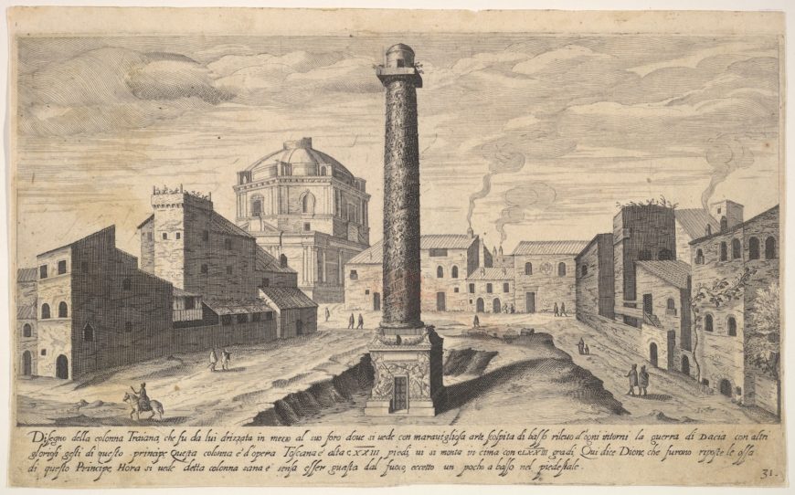 An engraving depicting an ancient Roman forum with a tall, cylindrical column at the center surrounded by various classical buildings and ruins. The scene includes small human figures for scale, detailed architectural elements, and a cloudy sky, illustrating historical urban life and Roman engineering.