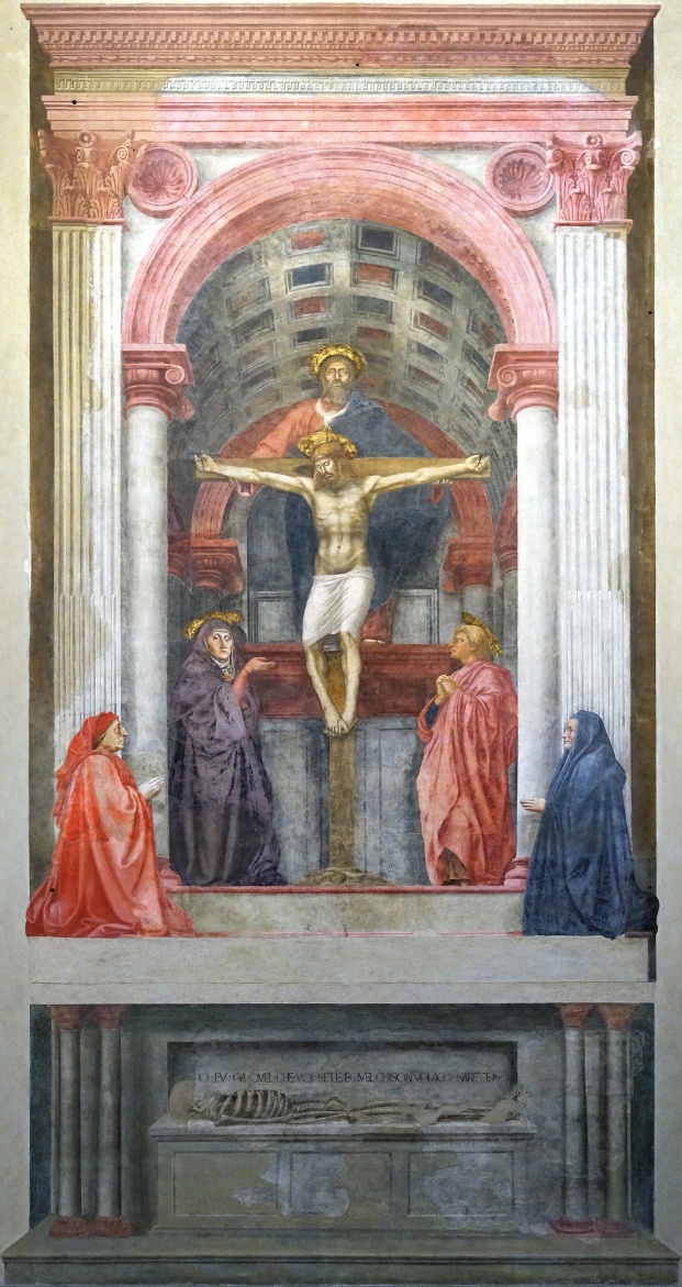 A fresco painting depicting a religious scene with Jesus Christ crucified at the center, flanked by four mourners dressed in vibrant robes. The composition is framed by classical architectural elements including two large white columns and a rounded arch with red and pink tones, set above a stone tomb with an inscription.