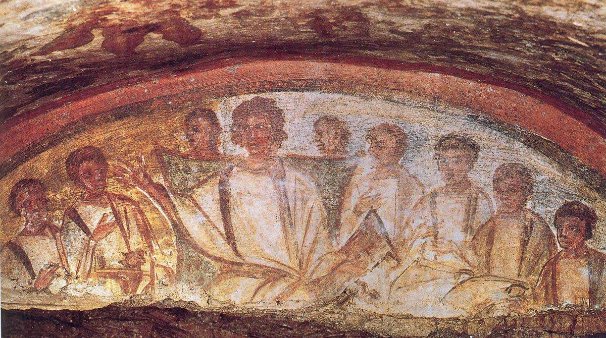 A fresco painting depicting a group of seated figures in ancient attire, arranged in a semi-circular composition under an arched ceiling. The artwork features earthy tones of red, brown, and beige, highlighting a communal or ceremonial scene.