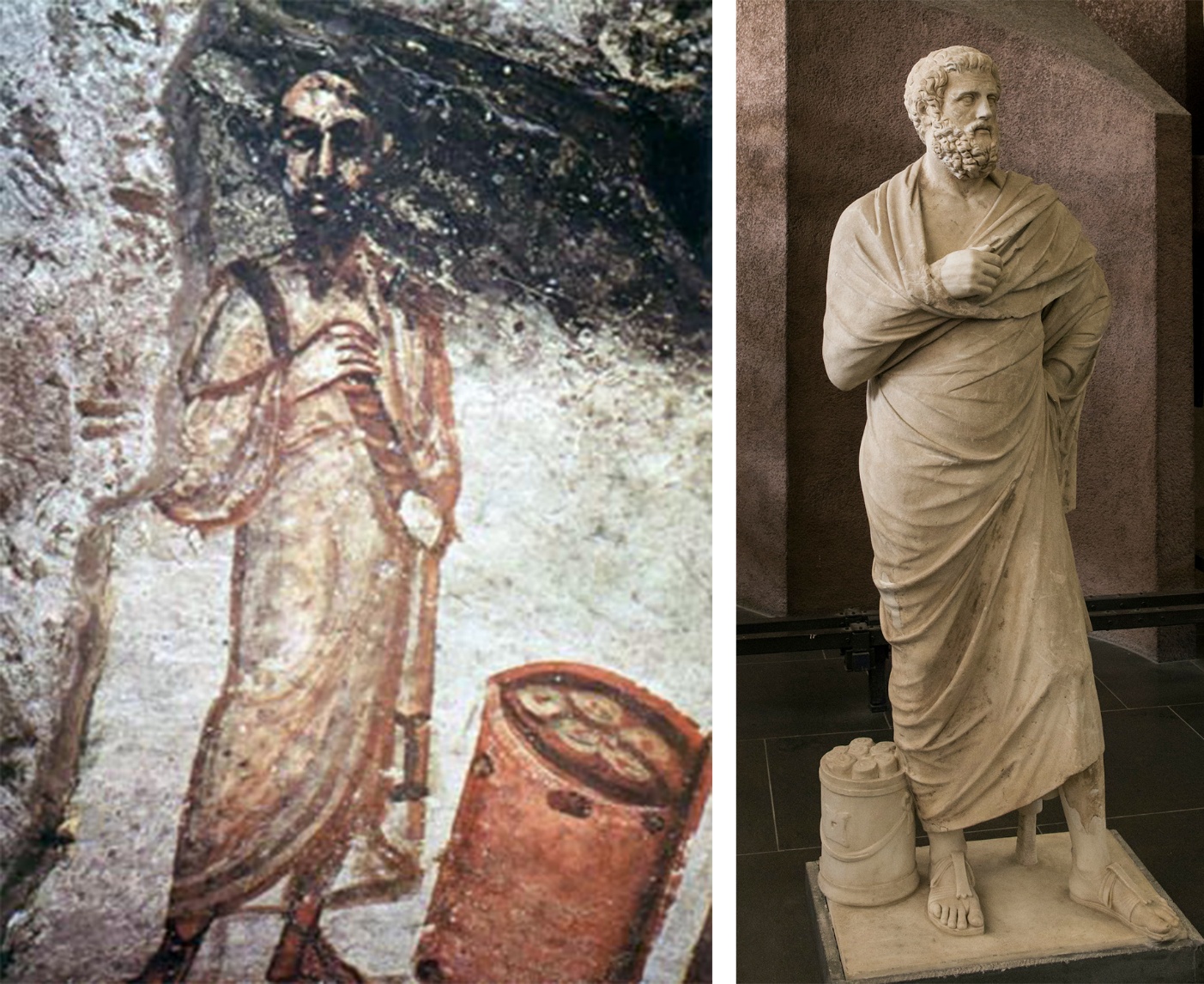 A side-by-side comparison of an ancient fresco and a marble statue, both depicting a robed male figure standing next to a cylindrical object. The fresco uses earthy tones with visible brush strokes, while the statue features detailed drapery and a bearded face, highlighting artistic styles and preservation differences from antiquity.