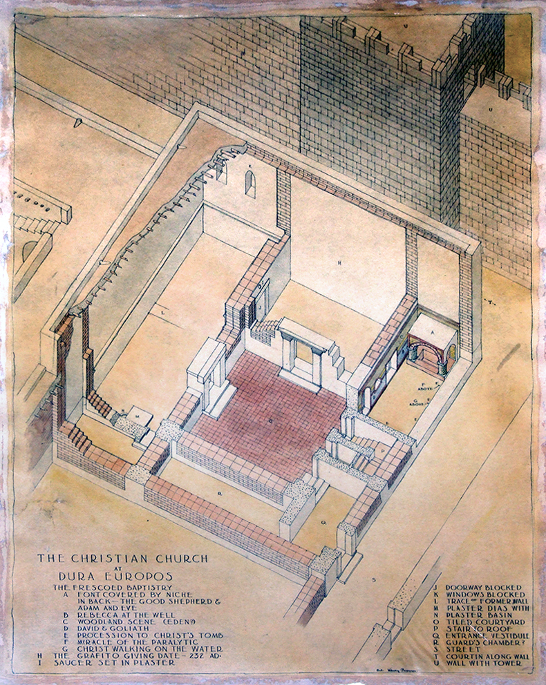 Isometric architectural drawing of Dura Europos Christian Church, showing detailed interior layout with labeled sections including baptistry, assembly room, baptistery, and various features like a well, benches, and frescoes. Walls are depicted with brick patterns, and key elements are numbered with a legend explaining each part, highlighting the church's structure and religious functions.