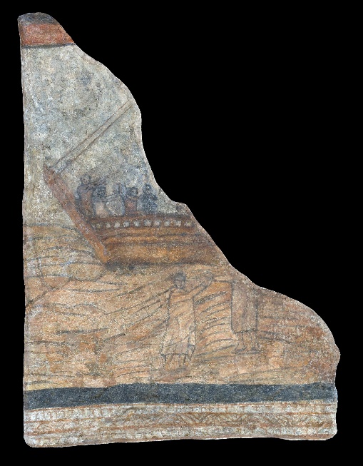 Fragment of an ancient wall painting depicting a boat with several figures on board and two standing figures on land. The artwork uses muted earth tones with horizontal bands at the bottom, suggesting a scene related to the Sacrament of Baptism.