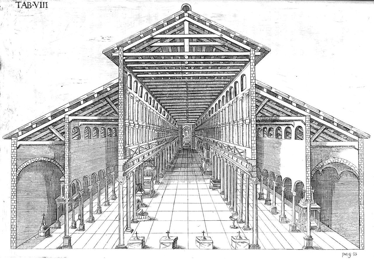 A detailed architectural drawing of a large, rectangular hall with a high pitched roof supported by wooden beams and columns. The perspective view highlights symmetrical rows of arches and pillars along both sides, with a tiled floor and an open central nave.