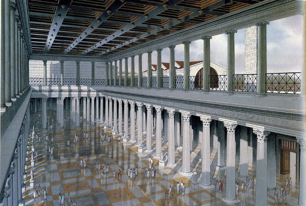 Reconstruction of the interior of the Basilica Ulpia, Roman basilica interior featuring two tiers of white columns with ornate capitals supporting a coffered wooden ceiling. The spacious hall has a checkered marble floor with small groups of people scattered throughout, highlighting architectural grandeur and social gathering function.