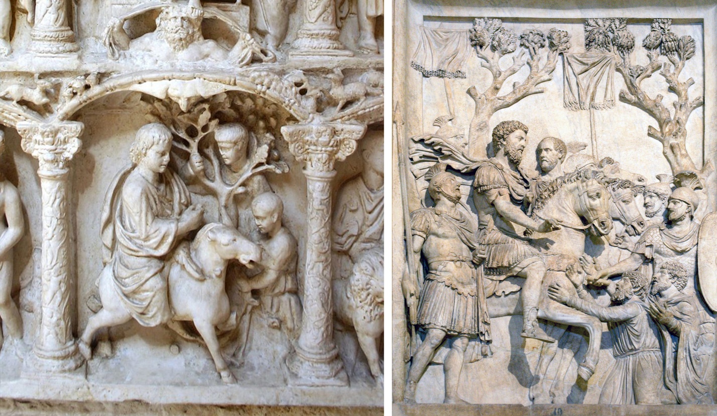Two photographs of ancient marble relief sculptures depict historical scenes. The left relief shows a figure riding a donkey under an arch with detailed foliage and columns, while the right relief features multiple figures, including soldiers and a horse, engaged in a dynamic interaction with trees and draped cloth in the background.
