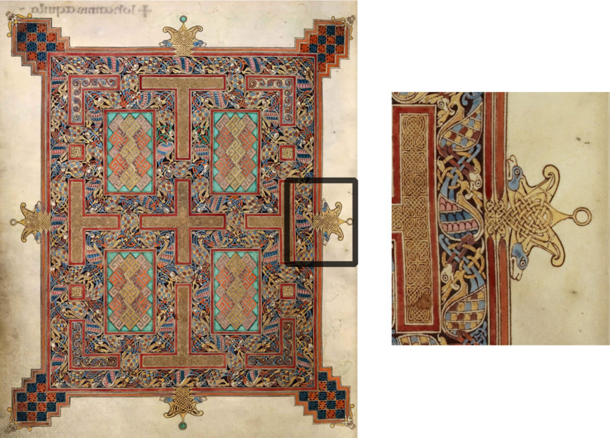 Illuminated manuscript page featuring an intricate geometric and interlaced design with vibrant colors including red, blue, green, and gold. The artwork showcases symmetrical patterns, stylized animal motifs, and detailed border decorations typical of medieval religious texts.