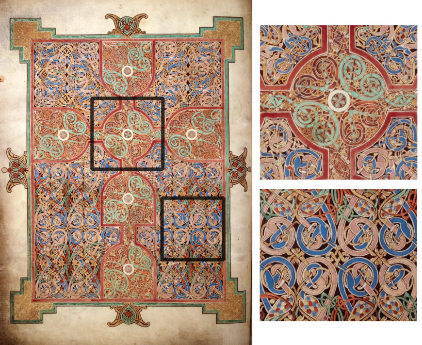 Illuminated manuscript page featuring intricate Celtic knotwork and interlacing patterns in red, blue, green, and beige tones, divided into four quadrants with circular motifs and symmetrical designs. Two close-up insets highlight detailed knotwork in the upper left and lower right quadrants, emphasizing complex loops and stylized animal forms typical of medieval Insular art.