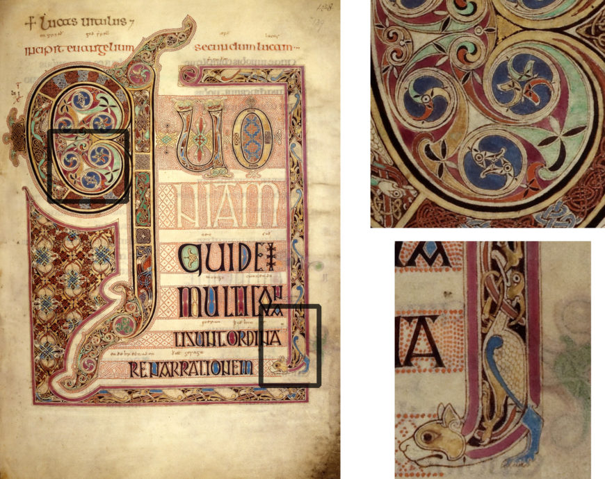 Illuminated manuscript page featuring ornate, colorful initial letters with intricate Celtic knotwork and zoomorphic designs in red, blue, green, and gold hues. Close-up insets highlight detailed spiral patterns and stylized animal figures integrated into letterforms, showcasing medieval manuscript artistry and decoration techniques.
