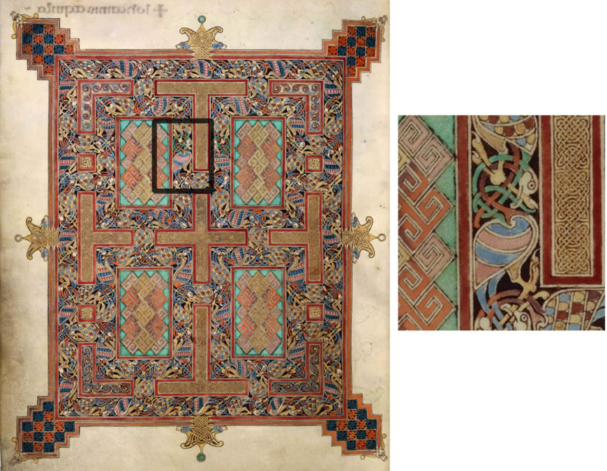 Illuminated manuscript page featuring an intricate geometric and interlaced design with symmetrical patterns in red, blue, green, and gold hues. The artwork includes detailed knotwork, stylized animal motifs, and ornamental borders, characteristic of medieval Celtic or Insular art styles.