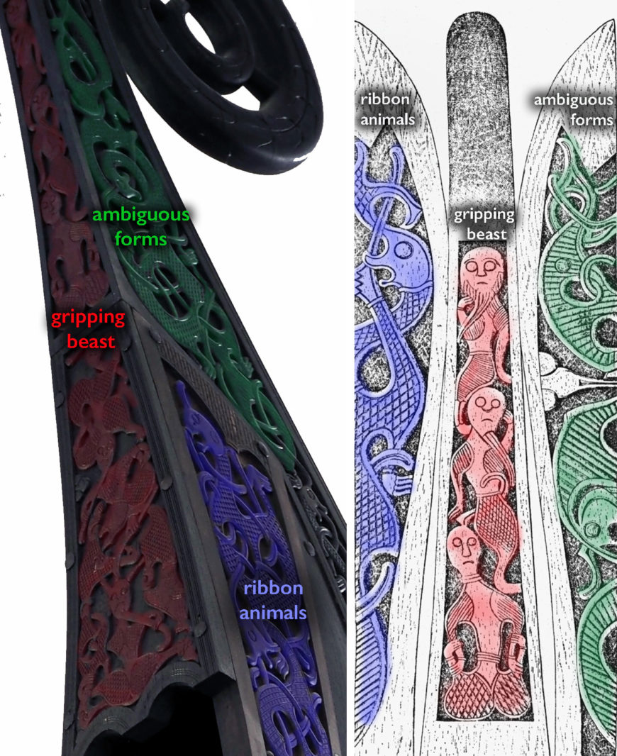 Various beasts are carved into the Oseberg ship’s stern: a ribbon-animal (in blue, also called a streaming-animal); gripping-beasts rendered with humanoid heads (in red); and more ambiguous forms that echo the bodies of creatures seen at the prow (in green). Oseberg oak longship and detail of prow with ribbon-animal and gripping-beast motifs, 9th century, found in burial mound near Tønsberg