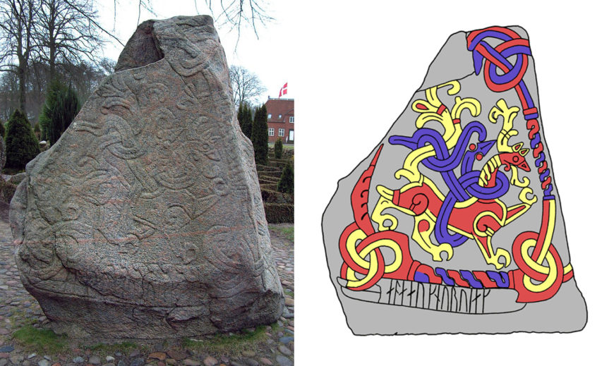 Photograph and illustration of a runestone featuring intricate Viking-age carvings with interwoven animal and serpent motifs. The illustration highlights key design elements in red, yellow, and purple, and includes runic inscriptions at the base, emphasizing the stone's artistic and historical significance.