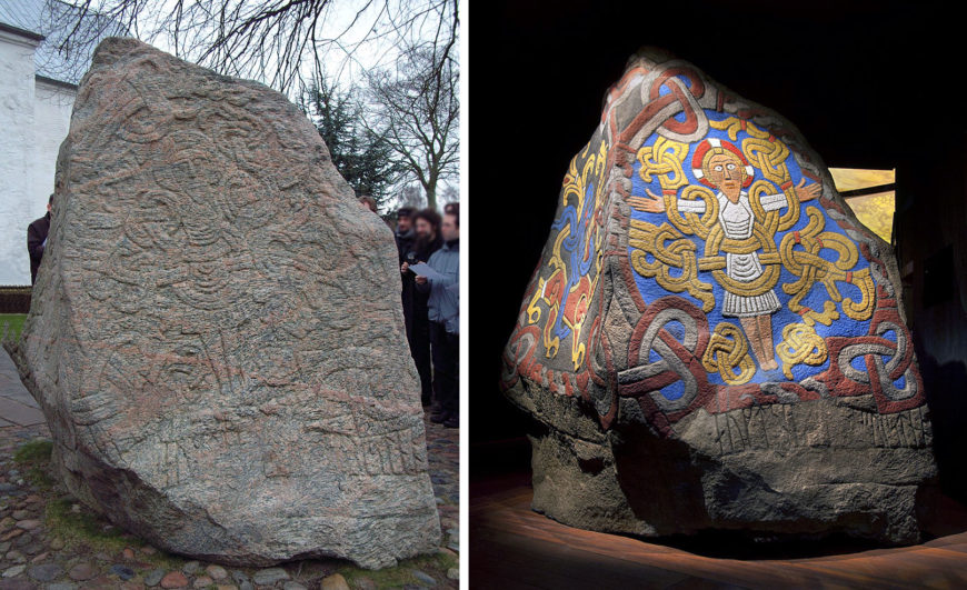 Photograph showing a side-by-side comparison of an ancient runestone before and after color restoration. The left side displays the weathered, unpainted stone with faint carvings, while the right side reveals vibrant blue, red, yellow, and white painted patterns and figures, highlighting intricate Norse designs and a Christ figure.
