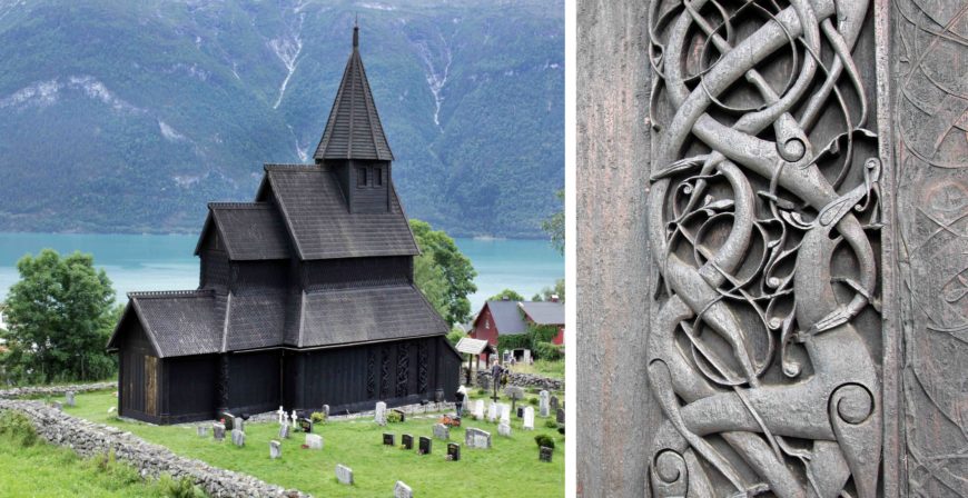 Photograph of a traditional wooden stave church situated in a grassy graveyard with mountains and a lake in the background, showcasing historic Scandinavian architecture. Close-up photograph of intricate wooden carvings featuring interwoven animal and abstract designs, highlighting detailed craftsmanship on the church's exterior.