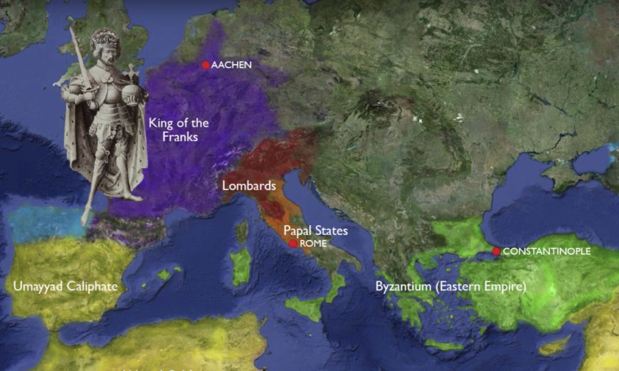 Map showing territorial divisions in Europe and surrounding regions during Charlemagne's era, highlighting King of the Franks' domain in purple, Lombards in brown, Papal States in red, Umayyad Caliphate in yellow, and Byzantium in green. Key cities Aachen, Rome, and Constantinople are marked with red dots, with a statue of Charlemagne depicted on the left side.