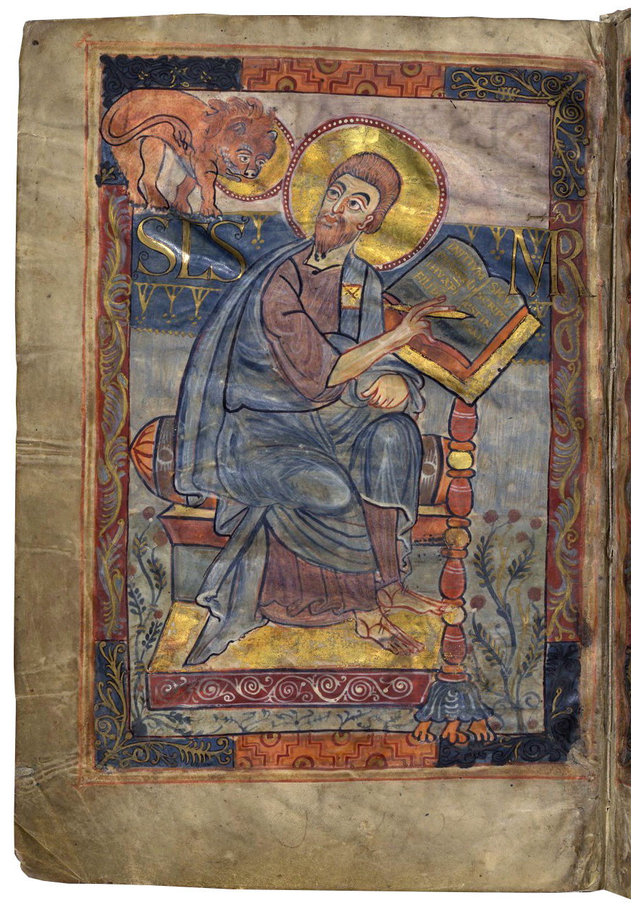 Medieval illuminated manuscript page depicting a seated evangelist with a halo, writing in a large book on a lectern. The scene includes a lion in the upper left corner, intricate border patterns in blue, red, and gold, and Latin text partially visible around the figure.