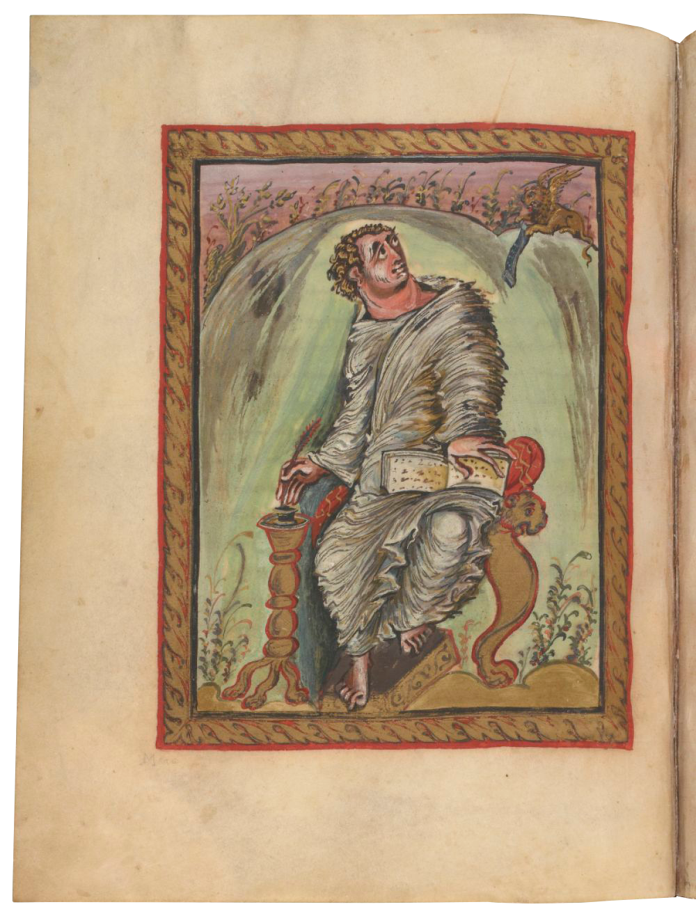 A medieval illuminated manuscript illustration depicting a seated man in a white robe holding a scroll, looking upward toward a winged lion in the upper right corner. The scene is framed by a decorative border with floral motifs and a red and gold pattern, suggesting a religious or scholarly context.
