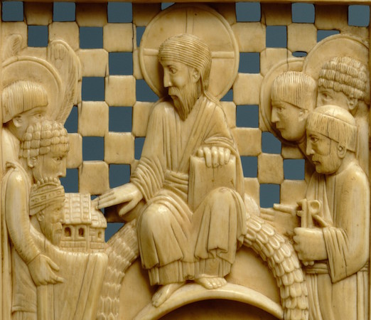 Detail, Otto I presenting the Cathedral of Magdeburg, 962–968, Ottonian, from the Cathedral of Magdeburg, probably made in Milan, northern Italy (The Metropolitan Museum of Art). On this ivory, Otto presents a symbolic model of the church to Christ for his blessing. As a humble servant, Otto is depicted smaller than the company of patron saints.