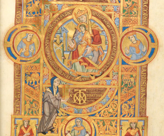Illuminated manuscript page featuring a central circular illustration of a crowned figure holding a child, surrounded by Latin text and intricate gold, blue, and red decorative borders. Additional smaller circular portraits and detailed scenes of figures and animals frame the main image, showcasing medieval religious iconography and artistic style.
