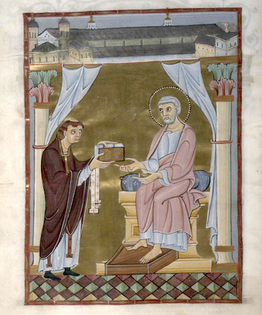 Medieval illuminated manuscript illustration depicting a seated haloed figure receiving a gift from a standing figure dressed in dark robes. The scene is framed by architectural elements with patterned floor tiles and draped curtains, highlighting a religious or ceremonial context.
