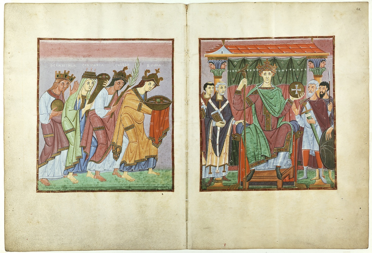 A medieval illuminated manuscript painting depicting a royal court scene with a seated king holding a scepter and orb on the right page, surrounded by attendants. The left page shows a procession of crowned figures carrying offerings, rendered in vibrant colors with detailed clothing and architectural elements.