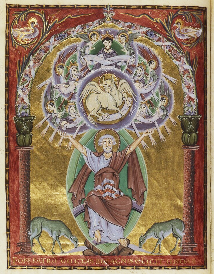 A medieval illuminated manuscript illustration depicting a central figure with outstretched arms beneath a circular arrangement of angelic beings and a winged bull symbol, set against a gold background. The scene is framed by ornate red columns with bird motifs, and two green animals graze at the figure's feet, highlighting religious and symbolic themes.