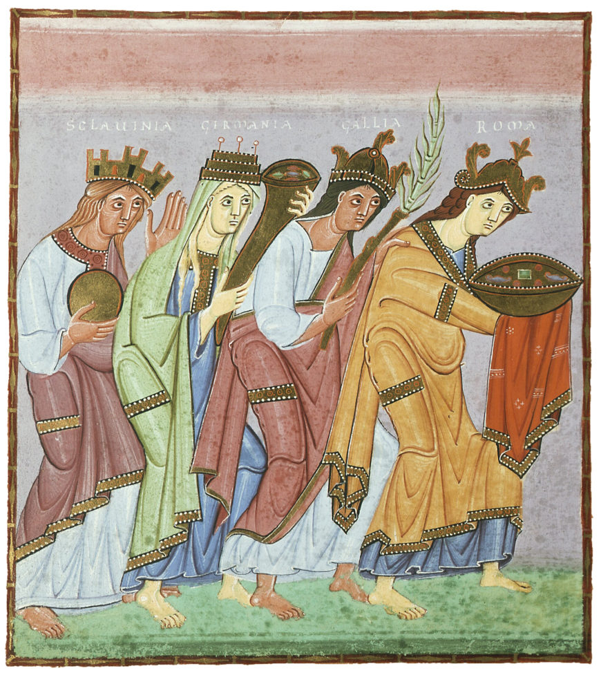 Medieval-style illustration depicting four crowned female figures labeled Sicilia, Calabria, Apulia, and Roma, each holding symbolic objects such as a drum, a scroll, a palm branch, and a bowl. The figures wear long, flowing robes in muted colors with detailed borders, standing barefoot on green ground against a pink and gray background.