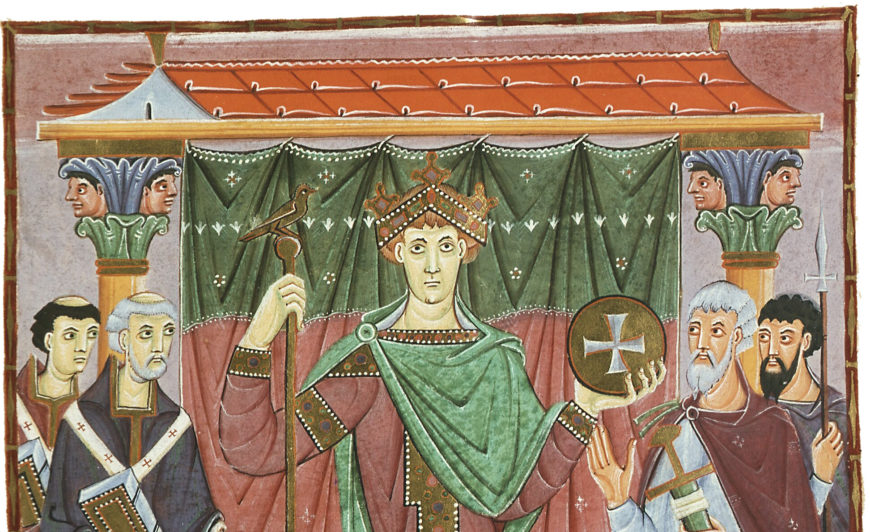 Detail of a medieval-style illustration depicting a central figure wearing a crown and holding a scepter and orb, flanked by six attendants or nobles. The artwork features detailed robes, a green draped backdrop with white patterns, and architectural elements like columns with ornate capitals.