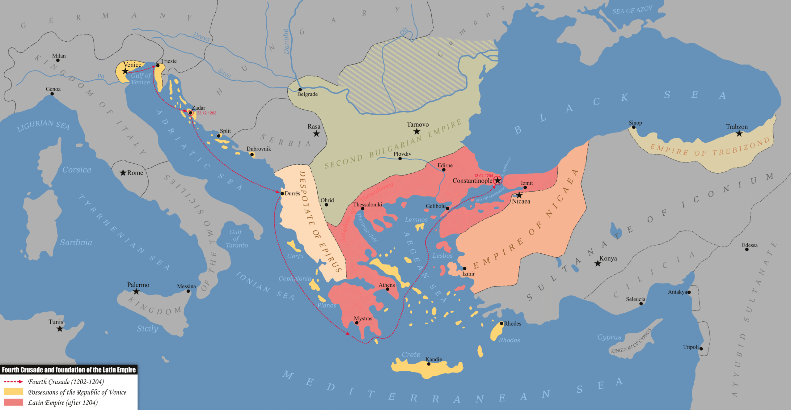 Map showing Fourth Crusade route and territorial divisions of Latin Empire in Eastern Mediterranean. Key elements include Fourth Crusade path marked in red, Crusader states in pink, Byzantine Empire in yellow, and Latin Empire borders circa 1204, highlighting major cities like Constantinople and Venice.