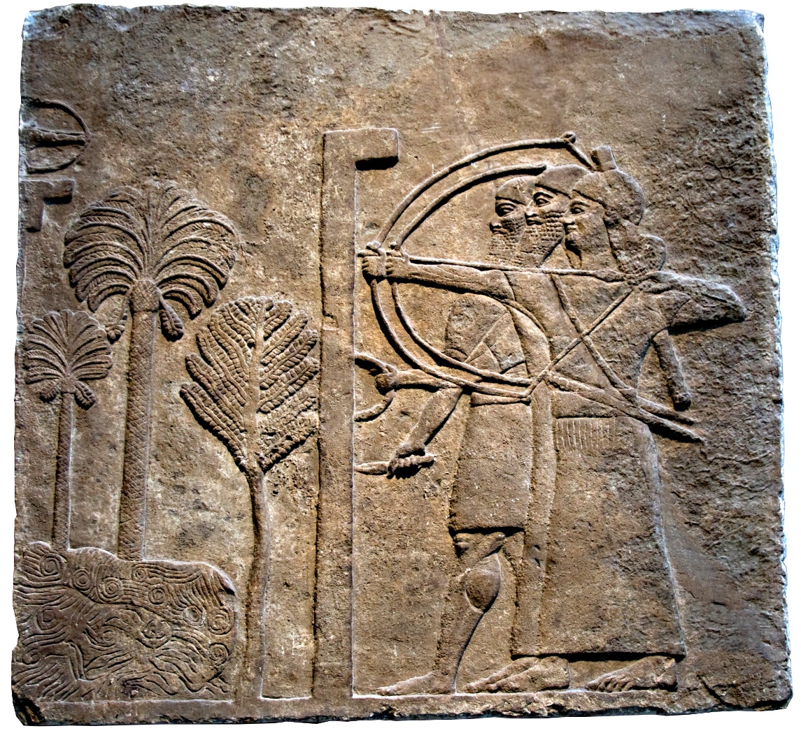 The sieging of a city bas-relief stone carving depicting two ancient archers aiming bows, with detailed attire and headgear, standing beside stylized trees. Carving features distinct lines and textures highlighting figures and natural elements.