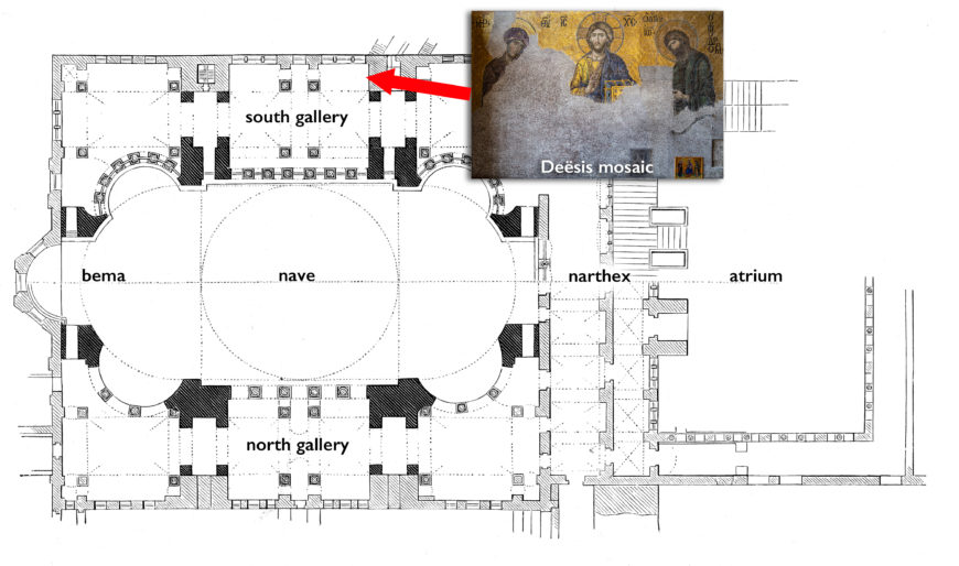 Architectural floor plan of a basilica highlighting key areas such as nave, bema, south and north galleries, narthex, and atrium with labeled sections. An inset photo of the Deësis mosaic is connected by a red arrow pointing to its location within the south gallery.