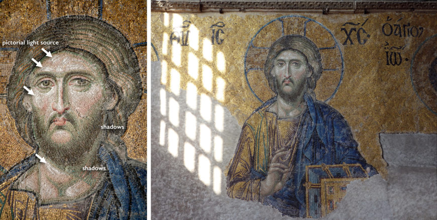 Two close-up photographs of a Byzantine mosaic depicting a religious figure with a halo, dressed in blue and gold robes. The left photo highlights detailed mosaic tiles and shadows, while the right photo shows sunlight casting a grid pattern over the figure, emphasizing texture and color contrast.