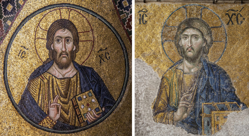 Two side-by-side photographs of Byzantine mosaics depicting religious figures with halos, holding books and making a blessing gesture. Both mosaics feature gold backgrounds, intricate detailing, and Greek letters near the heads, highlighting traditional Christian iconography and artistic style.