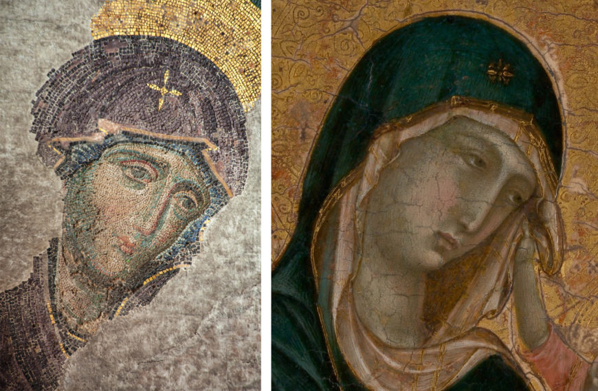 Two side-by-side religious artworks depict the Virgin Mary, one as a Byzantine mosaic with gold and dark tones, and the other as a painted icon with green and gold hues. Both highlight intricate details like a gold halo and delicate facial expressions, emphasizing traditional Christian iconography.