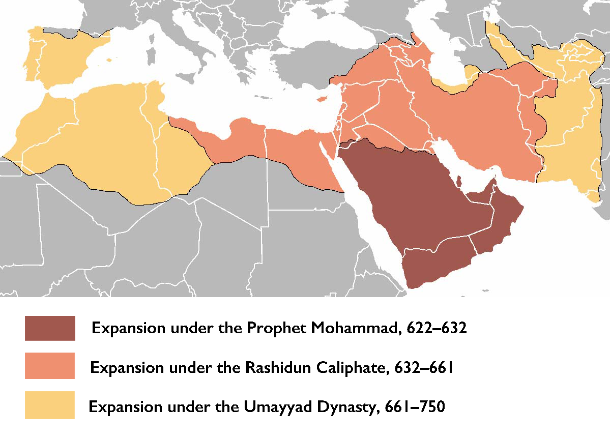 Map showing territorial expansion of early Islamic caliphates across North Africa and the Middle East. Areas are color-coded to indicate expansion phases: dark brown for Prophet Mohammad (622–632), orange for Rashidun Caliphate (632–661), and yellow for Umayyad Dynasty (661–750).