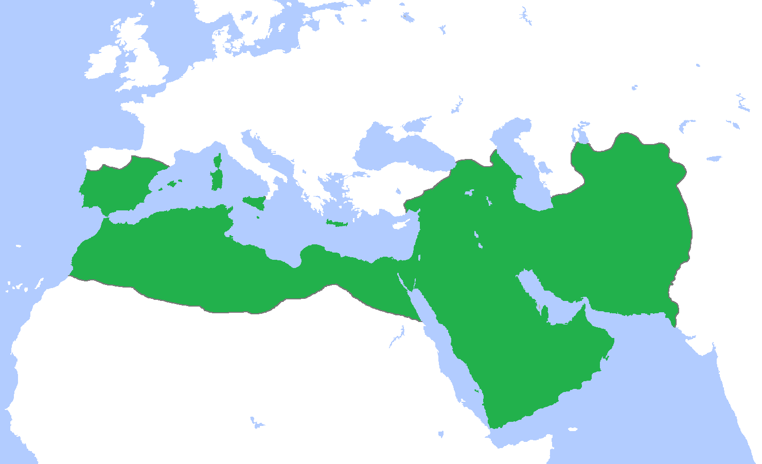 Map showing the extent of the Abbasid Caliphate at its greatest territorial reach, covering parts of North Africa, the Middle East, and the Iberian Peninsula. Green shading highlights controlled regions, with surrounding areas in blue representing bodies of water.