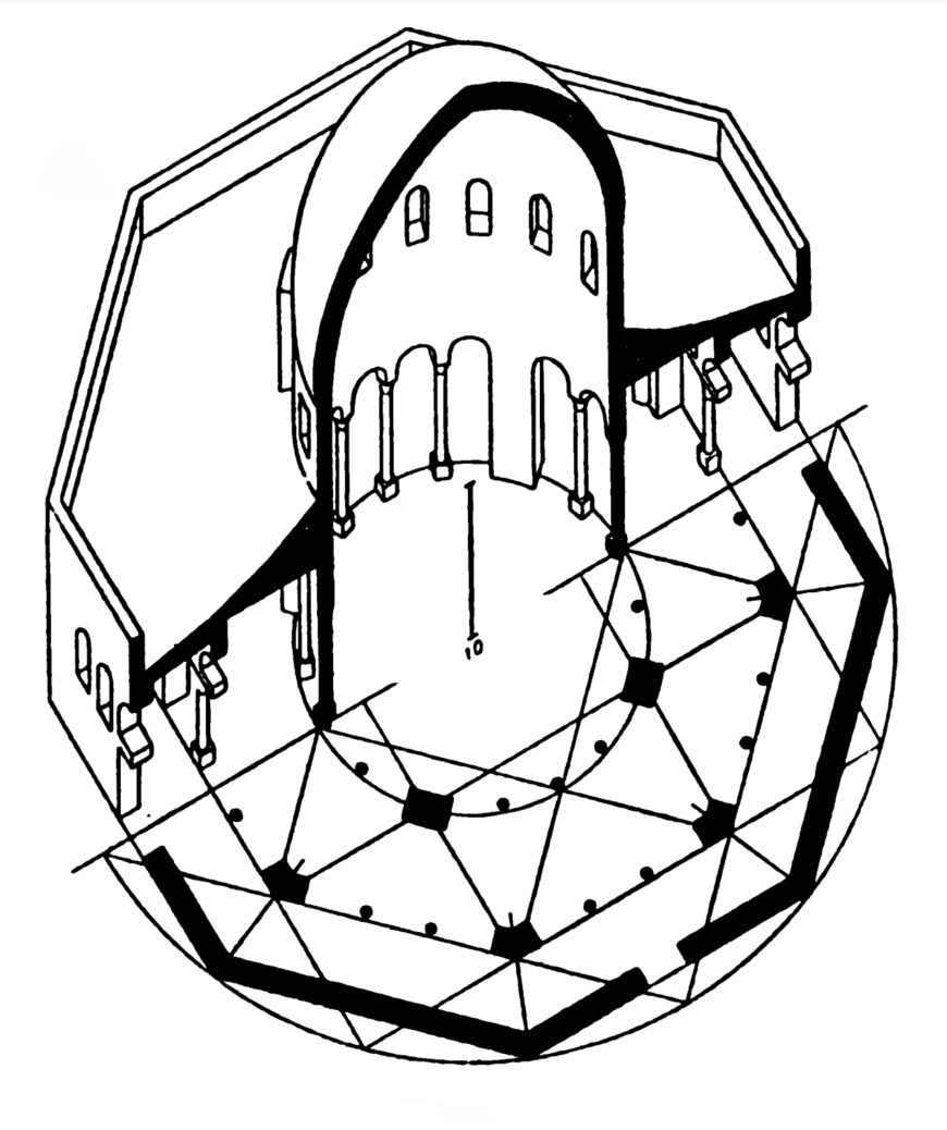 A black and white architectural diagram showing a cutaway view of a building with a semi-circular apse and surrounding walls. The diagram highlights structural elements with lines and nodes, illustrating load distribution or support points within the building's design.