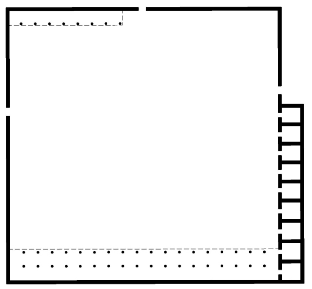 Floor plan diagram of a rectangular building with two rows of evenly spaced columns along the top and bottom edges. The layout highlights structural walls and access points, with no additional furniture or detailed annotations.